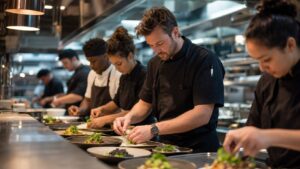 Modern chef leading a restaurant kitchen team during service