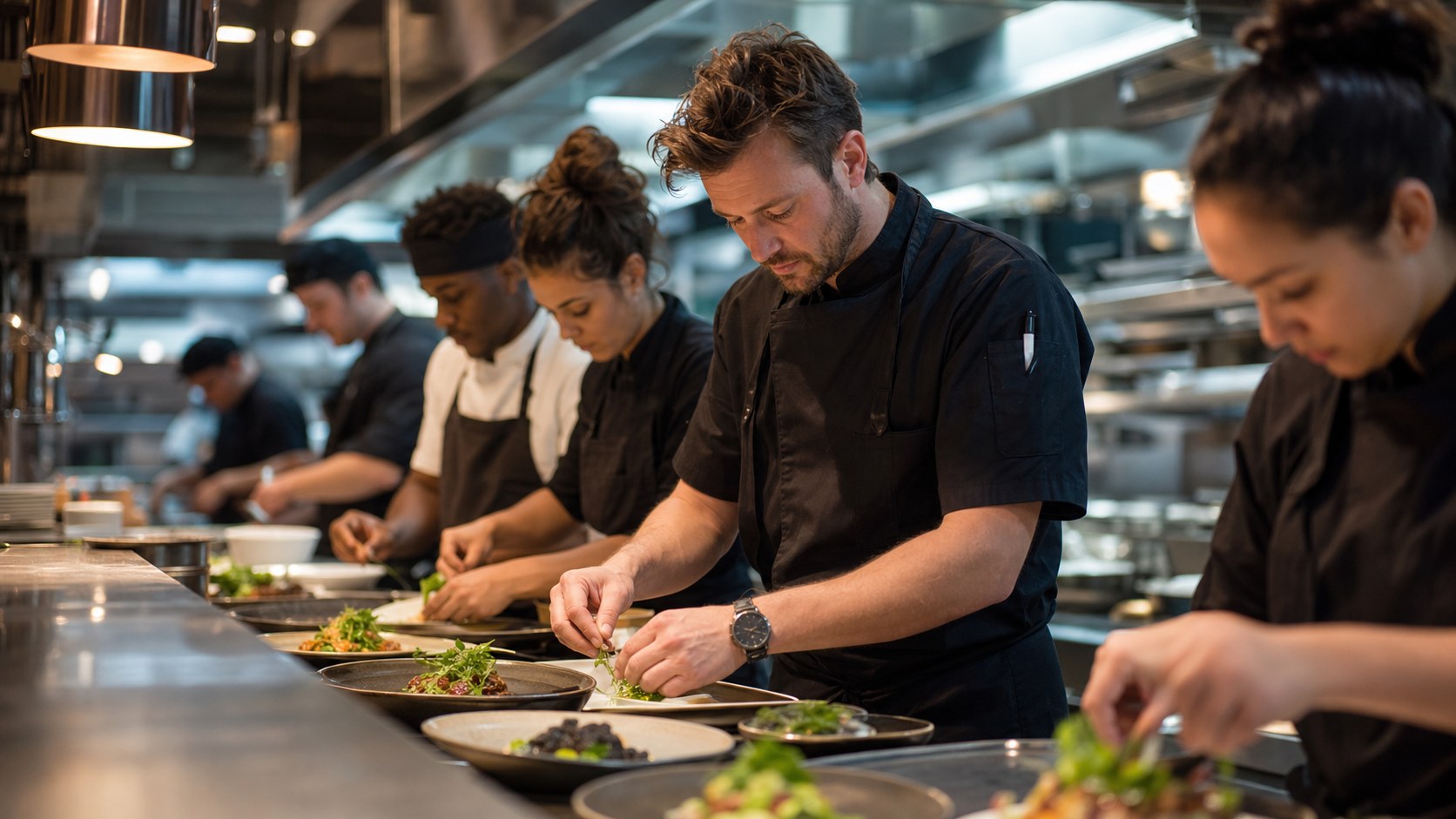 Modern chef leading a restaurant kitchen team during service