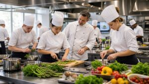 Culinary school training kitchen with students and instructor at stainless stations