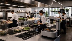 Modern commercial restaurant kitchen with induction stations and smart prep equipment