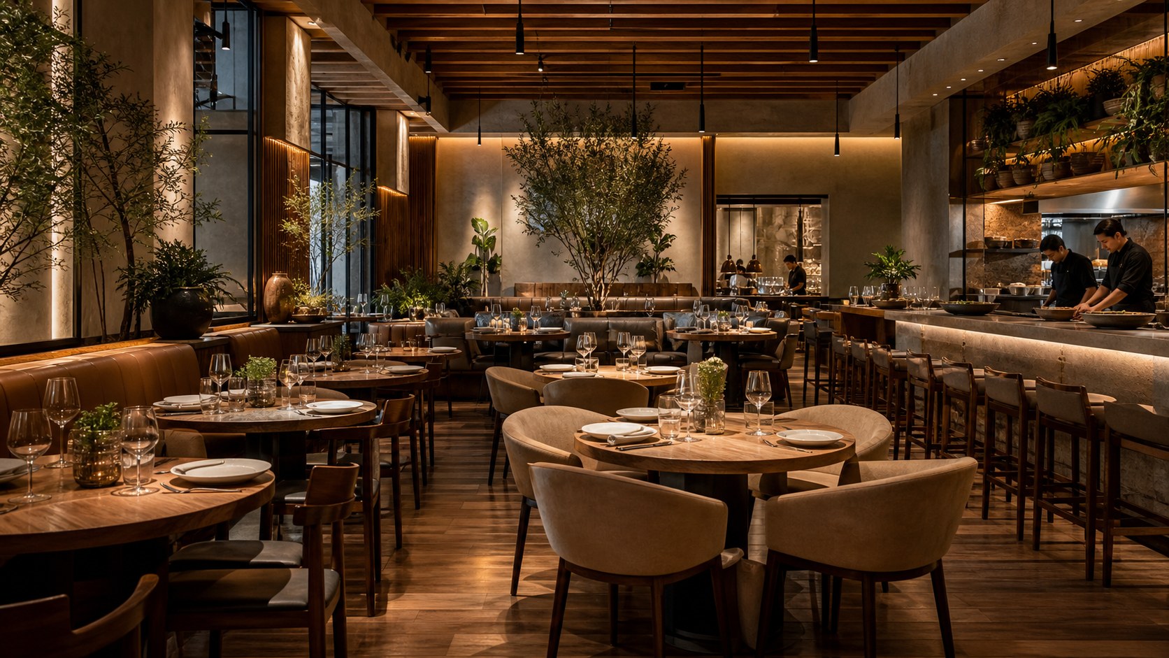 Warm restaurant dining room with varied seating, open sightlines, and staff preparing
