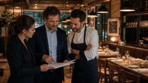 Restaurant founder reviewing plans with chef and manager in a warm dining room before service