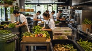 Modern restaurant kitchen sorting produce, reusable containers, compost, and efficient equipment