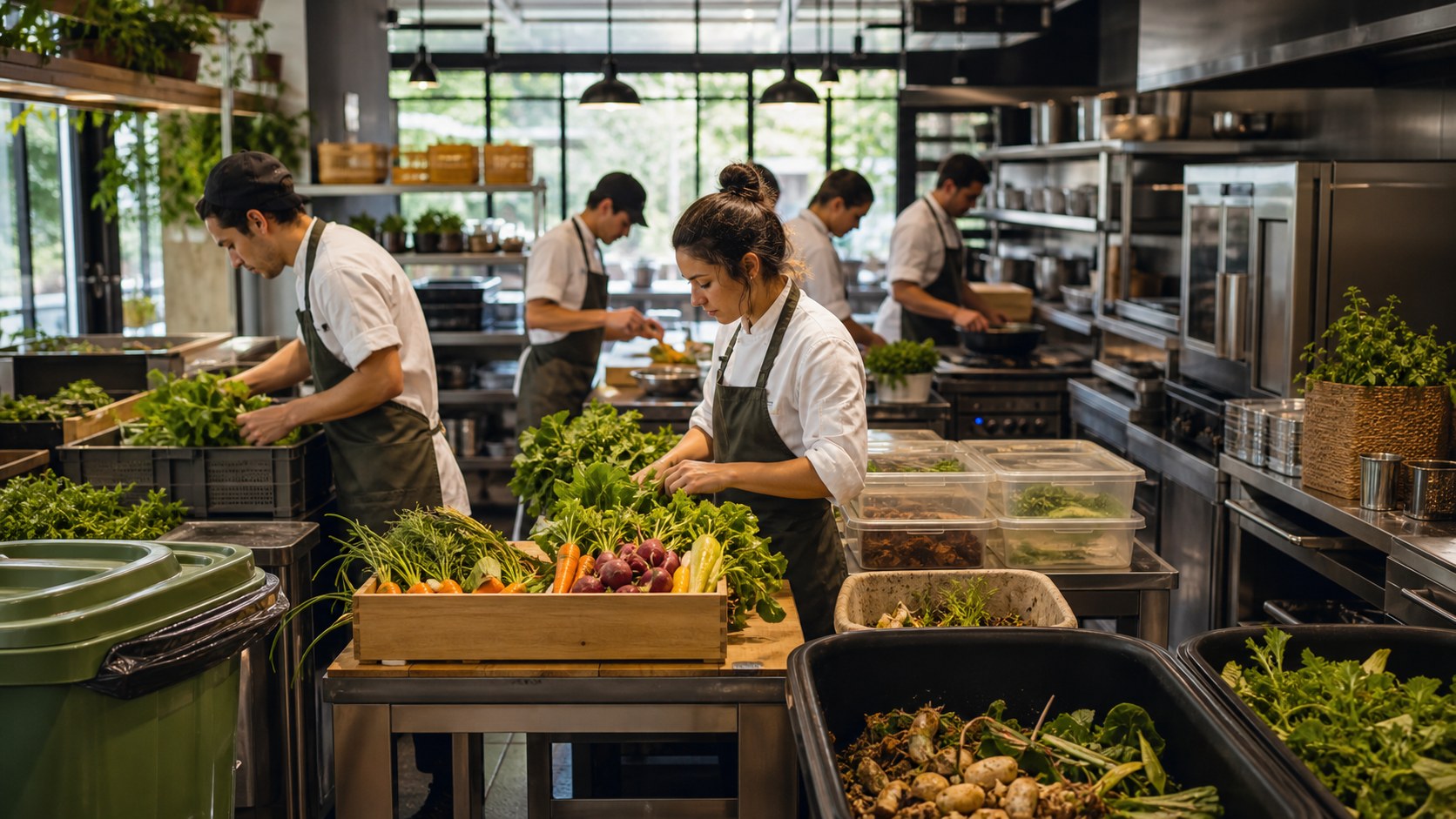 Modern restaurant kitchen sorting produce, reusable containers, compost, and efficient equipment