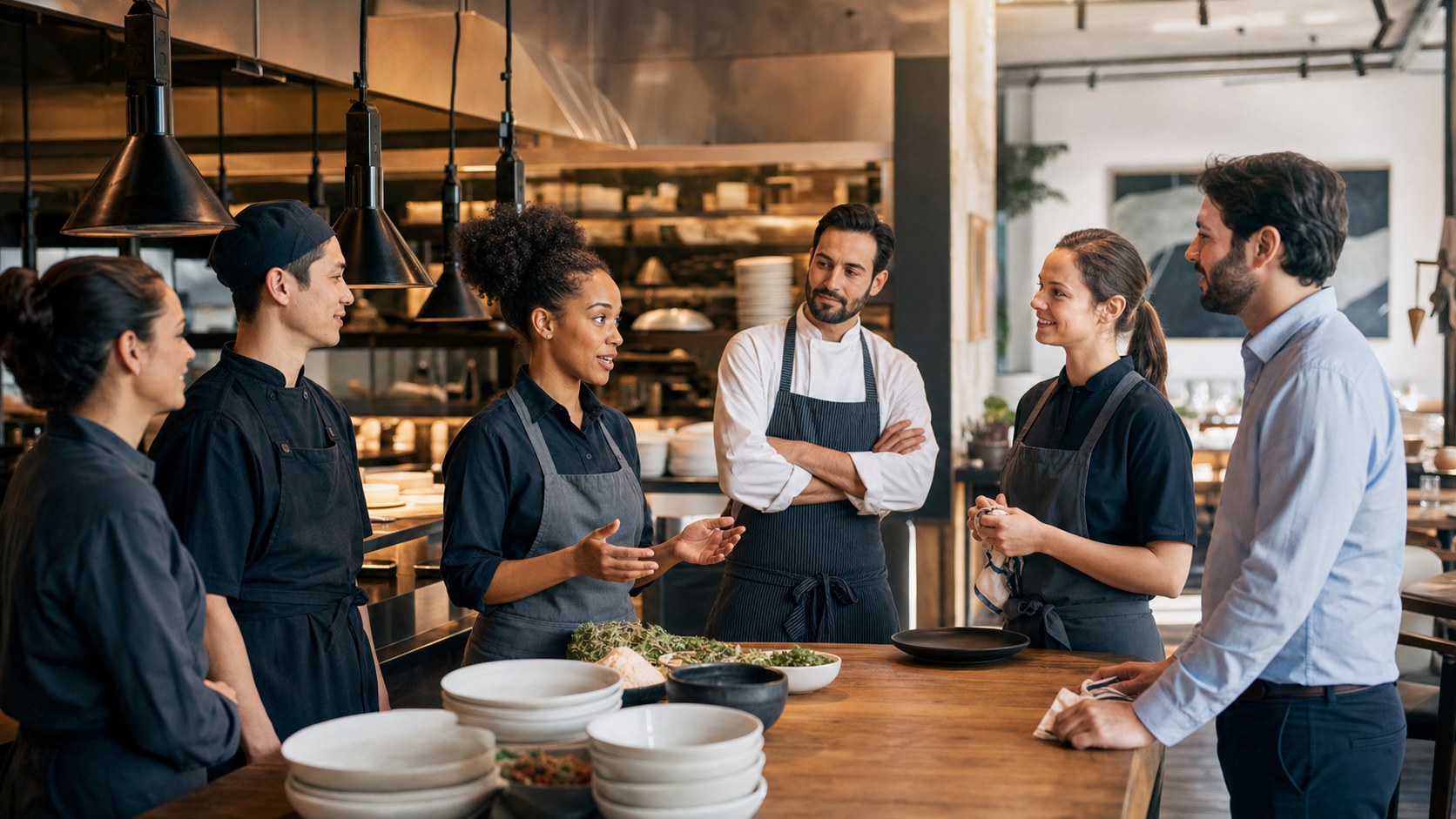 Restaurant team gathered around a prep table before service discussing staff culture