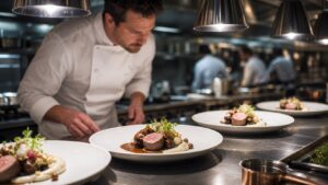 Fine dining kitchen pass with immaculate plated courses and a chef inspecting a dish