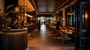 Restaurant entrance flowing through host stand, bar, dining room, and exit sightline