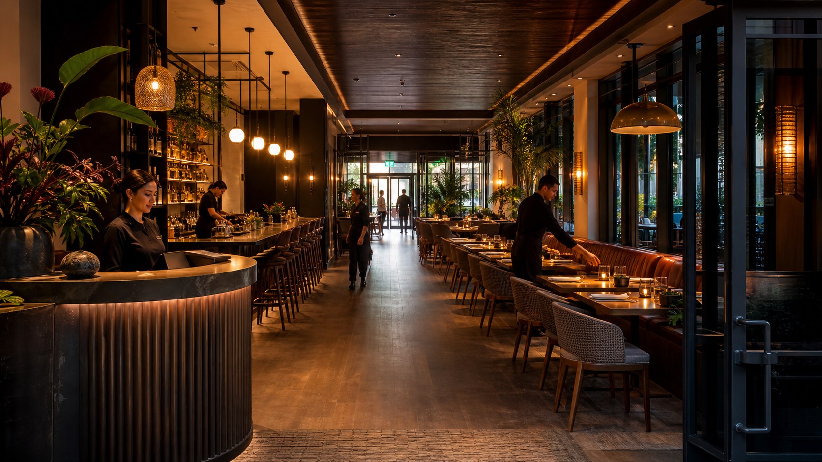 Restaurant entrance flowing through host stand, bar, dining room, and exit sightline