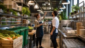 Manager and chef checking efficient lighting, reusable containers, water-saving dish area, and prep storage