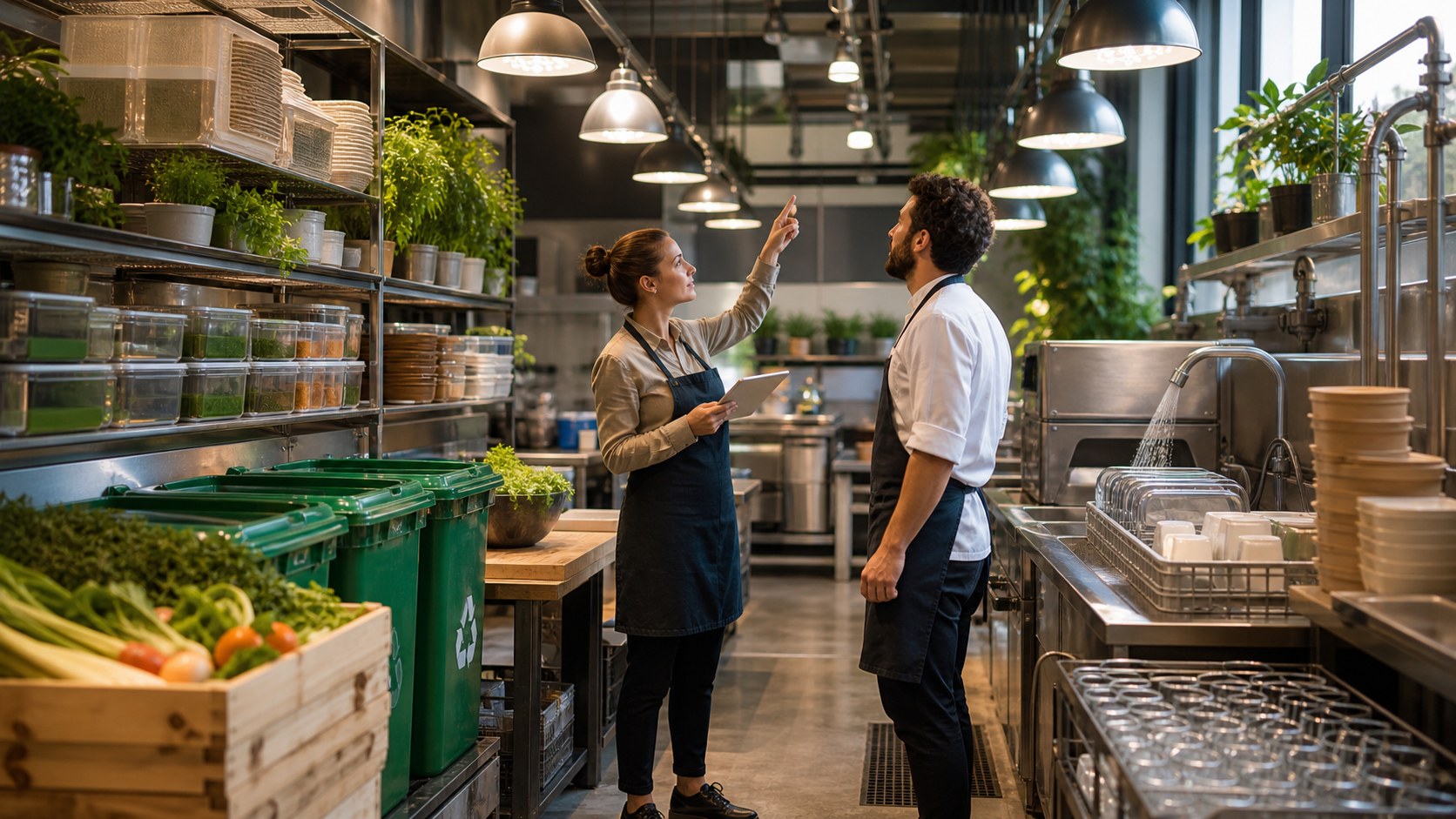 Manager and chef checking efficient lighting, reusable containers, water-saving dish area, and prep storage