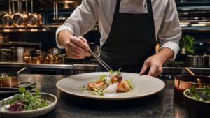 Chef refining a plated dish in a refined test kitchen with classic and modern tools