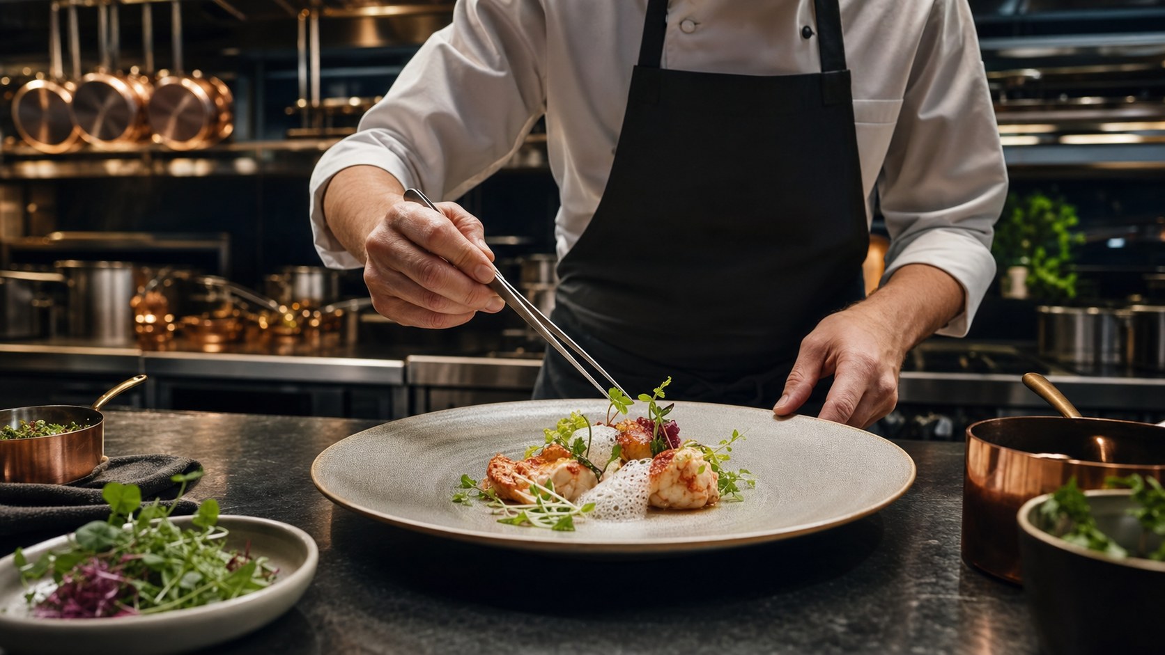 Chef refining a plated dish in a refined test kitchen with classic and modern tools