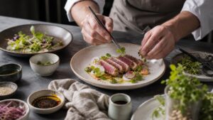 Food stylist finishing a plated dish with herbs, sauces, linen, and styling tools
