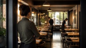 Founder looking into a newly finished restaurant dining room as staff set tables
