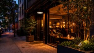 Warm discreet neighborhood restaurant on a quiet city side street at dusk