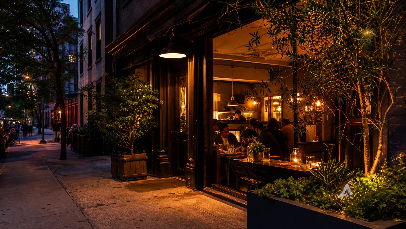 Warm discreet neighborhood restaurant on a quiet city side street at dusk