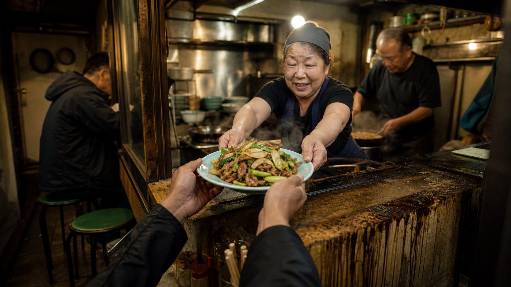 Compact no-frills restaurant counter with a plate being served from a busy kitchen
