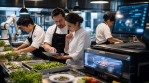 Chef team using AI-assisted kitchen equipment with blurred unreadable interfaces