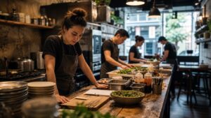 First-time restaurant owner checking prep with a small team before soft opening