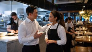 Restaurant manager coaching a server before dinner service with the team working nearby
