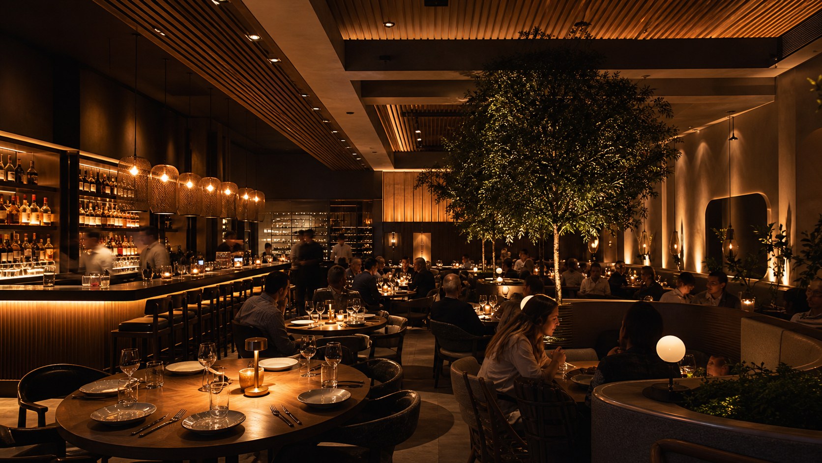 Restaurant dining room with layered pendants, table lamps, wall glow, and softly lit tables