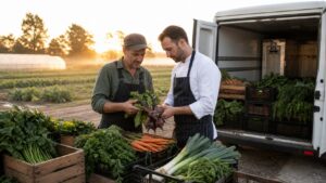 Farmer and chef inspecting seasonal vegetables beside restaurant delivery crates
