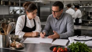 Culinary student and advisor reviewing blank papers with chef tools and ingredients