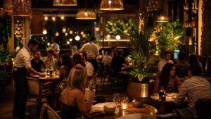 Warm evening restaurant ambience with soft-focus diners and attentive staff