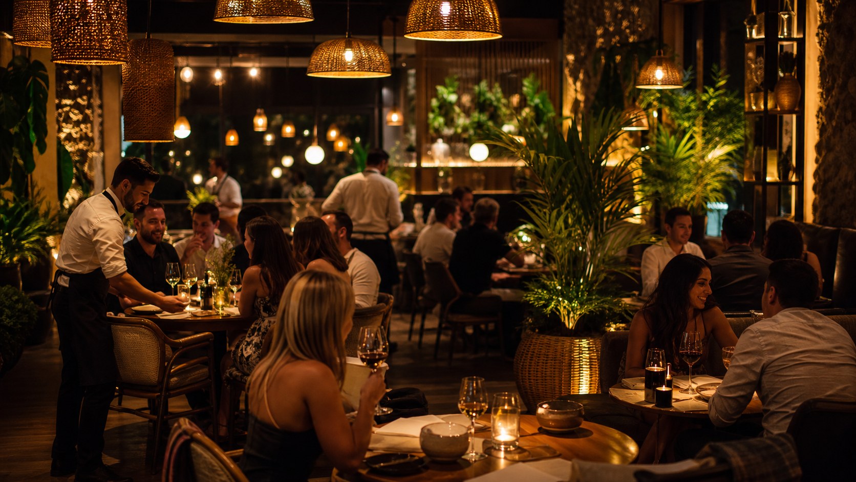 Warm evening restaurant ambience with soft-focus diners and attentive staff
