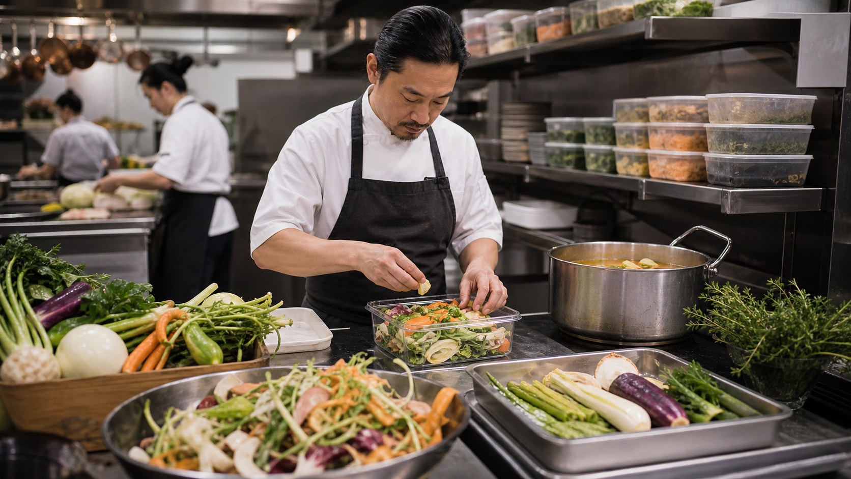 Chef using vegetable trim, stock pot, organized containers, and careful portion prep