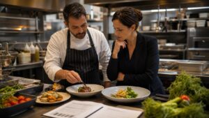 Chef and owner evaluating plated dishes and ingredient portions in a prep kitchen