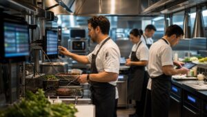 Commercial kitchen with connected equipment and staff using blurred unreadable tablets