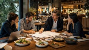 Restaurant founder and operations team reviewing service plans in a modern hospitality office