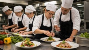 Instructor guiding culinary student through technique and plating in a training kitchen