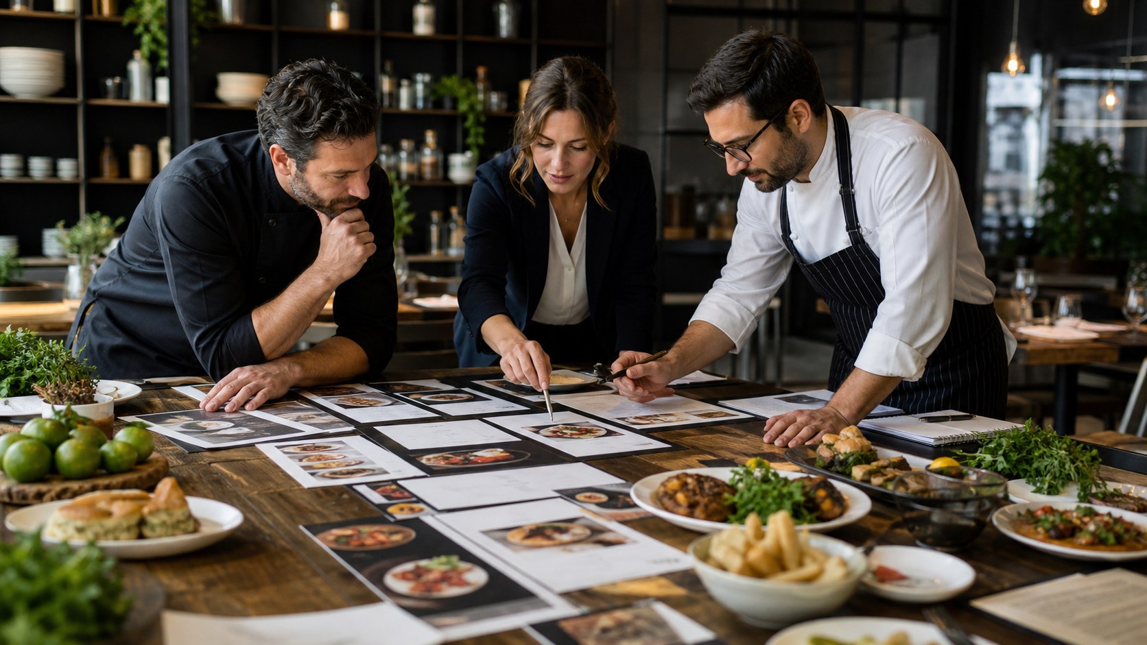 Restaurant team arranging menu mockups, dishes, and ingredient samples on a table