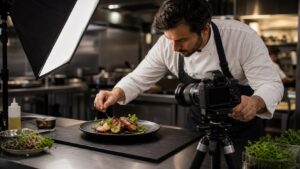 Chef adjusting light and camera angle beside a plated dish in a restaurant kitchen