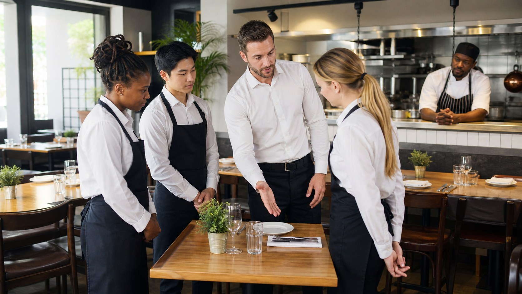 Restaurant manager coaching servers before service in a polished dining room