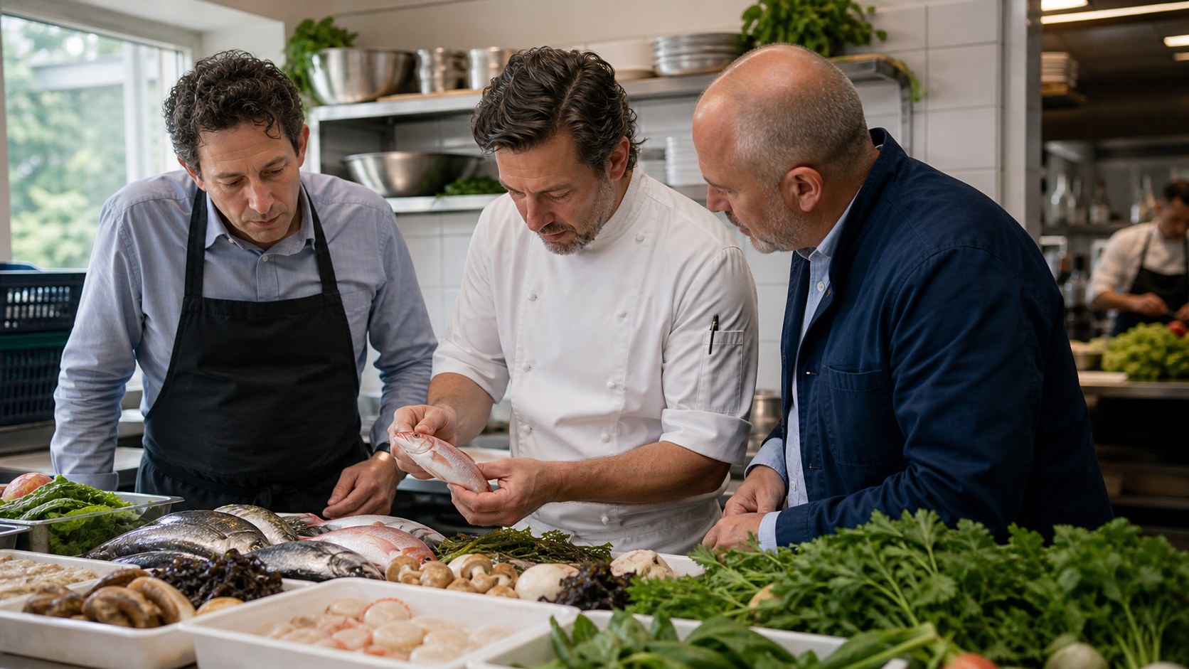 Chef evaluating fresh ingredient samples with restaurant food suppliers