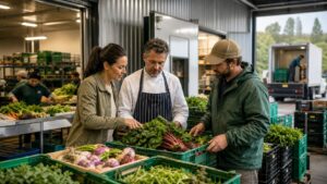 Supplier coordinator, chef, and farm worker organizing produce through a regional food hub