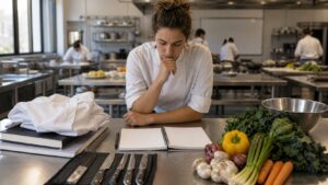 Culinary student arranging chef jacket, blank notebooks, knives, and ingredients