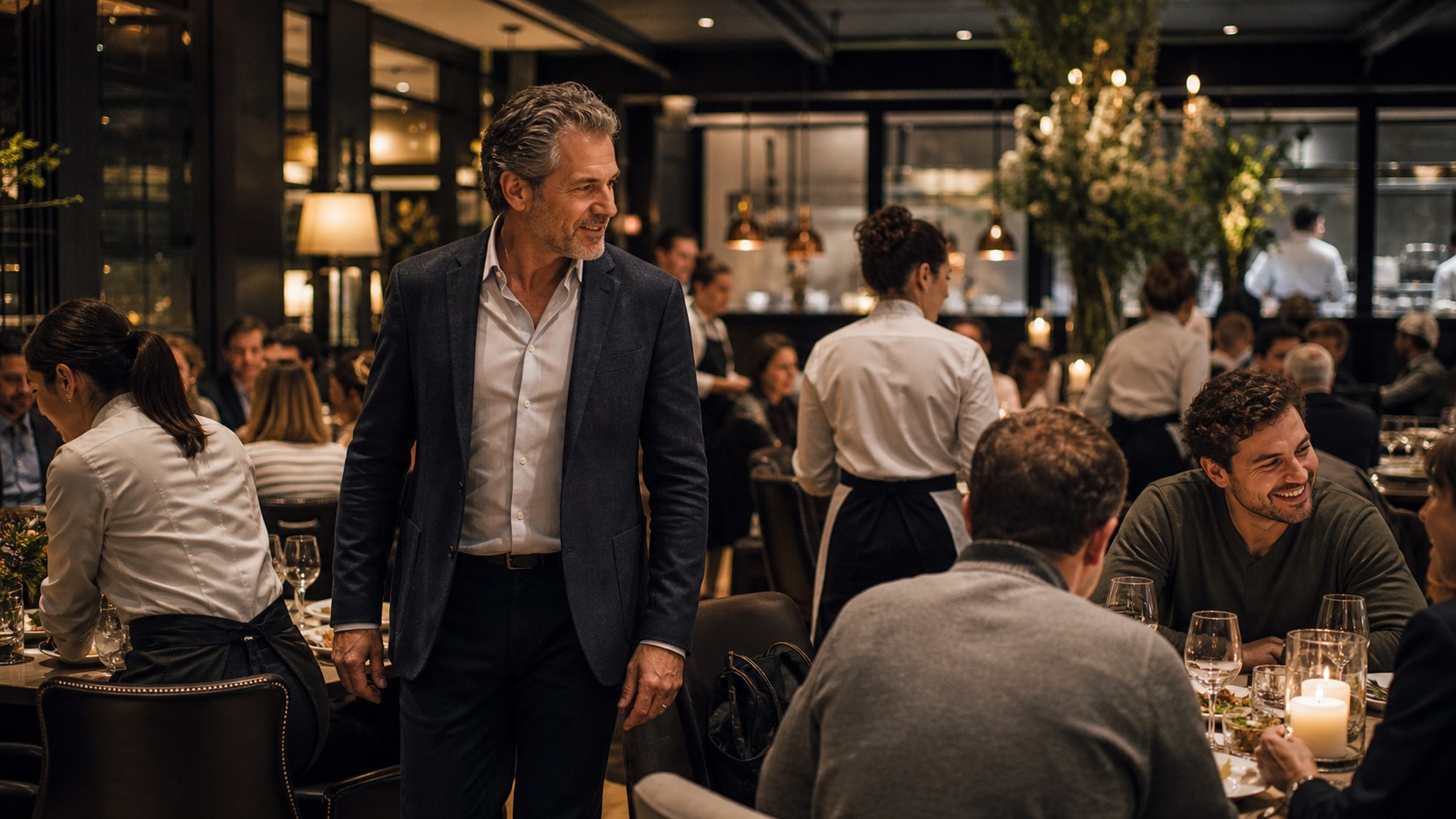 Experienced restaurateur walking through a busy dining room during evening service