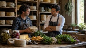 Chef meeting an artisan ingredient producer in a refined food production workspace