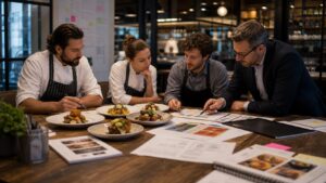 Restaurant team comparing plated dishes and blurred menu mockups