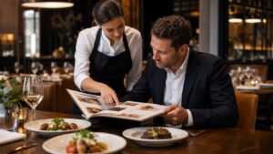 Elegant restaurant menu being reviewed with plated dishes nearby