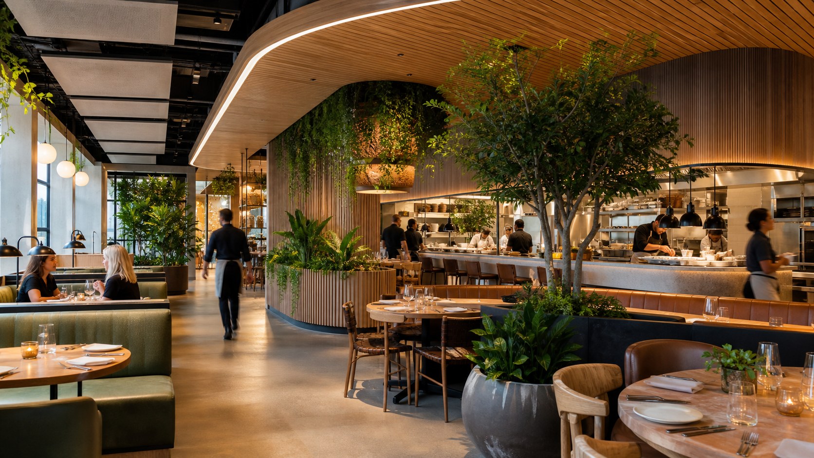 Modern restaurant interior with flexible seating, natural materials, plants, and open kitchen