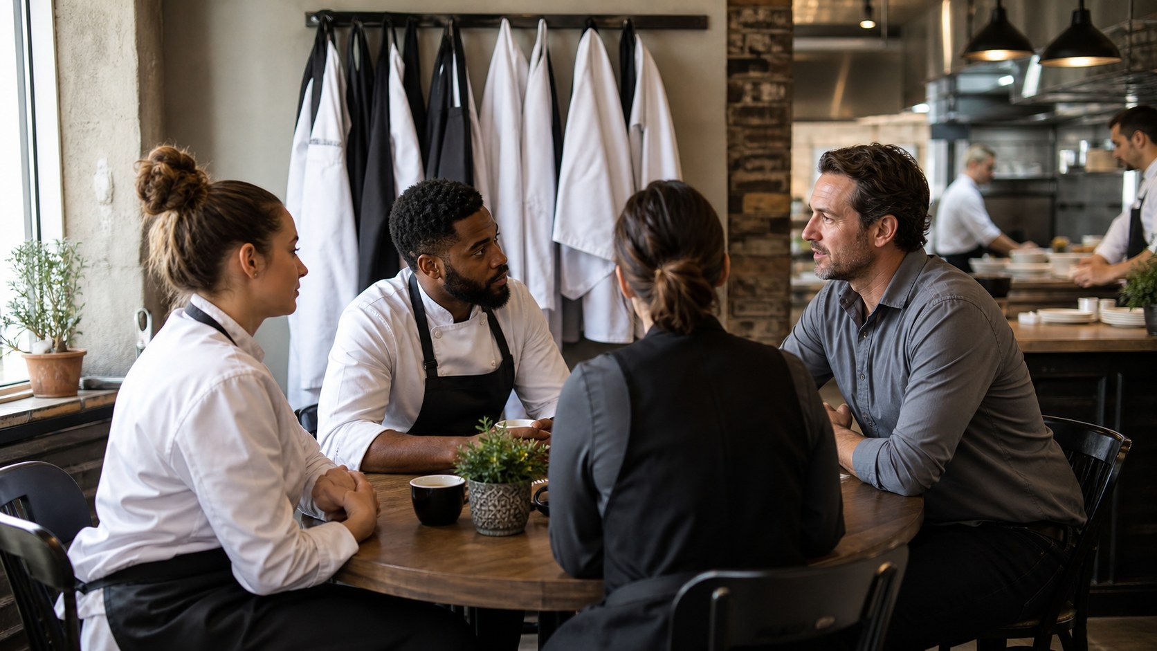 Restaurant manager meeting with long-term staff about retention and career growth