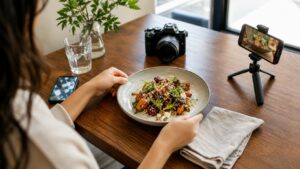 Beginner food photography table setup with smartphone, small camera, plate, and window light