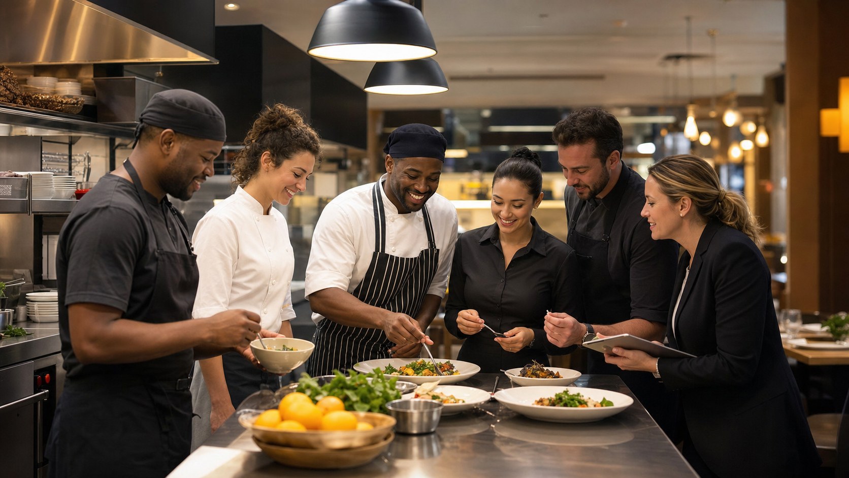 Restaurant staff sharing a tasting and feedback session during team building