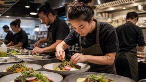 Young chef plating a vibrant dish in an energetic small modern restaurant kitchen