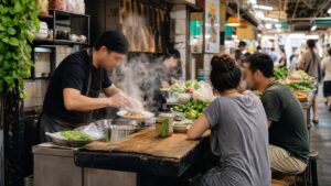Small market food counter with fresh plates and local diners nearby
